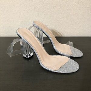 PrettyLittleThing Heels Clear Block Silver Metallic Chunky Sandals Trendy Sexy
